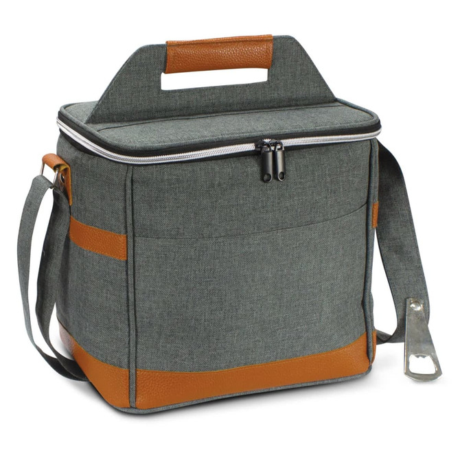 A green cooler bag with leather accents, featuring a zippered top and a detachable shoulder strap.