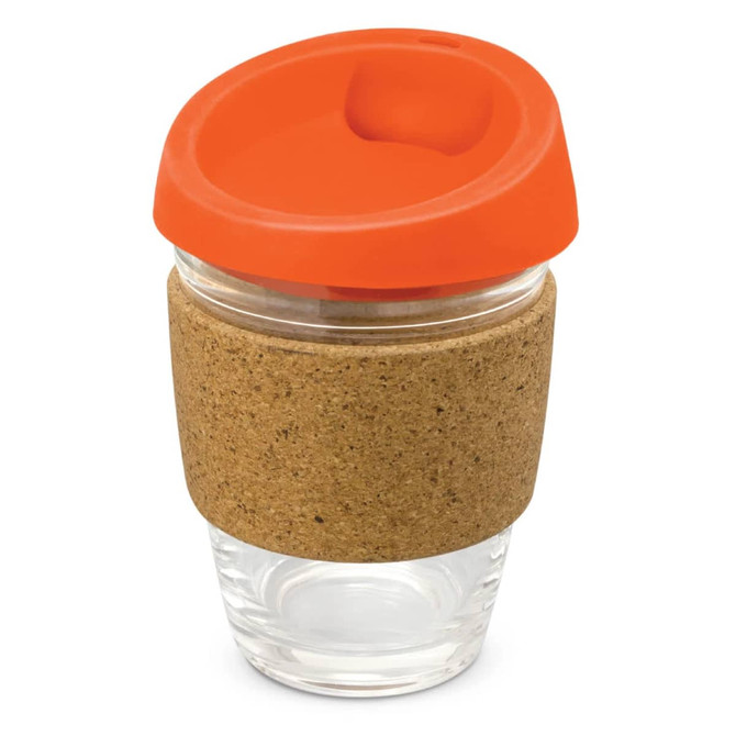A drink bottle featuring a clear glass body, a cork band for grip, and an orange silicone lid.