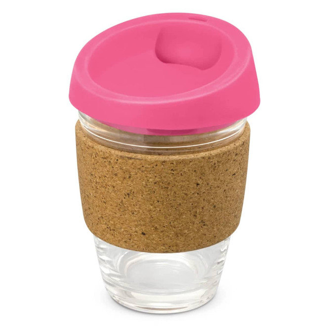 A drink bottle featuring a glass body, a cork band for grip, and a bright pink silicone lid.