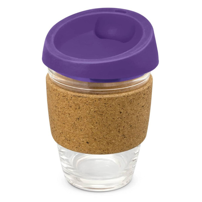 A drink bottle featuring a clear glass body, a cork band for grip, and a purple silicone lid.
