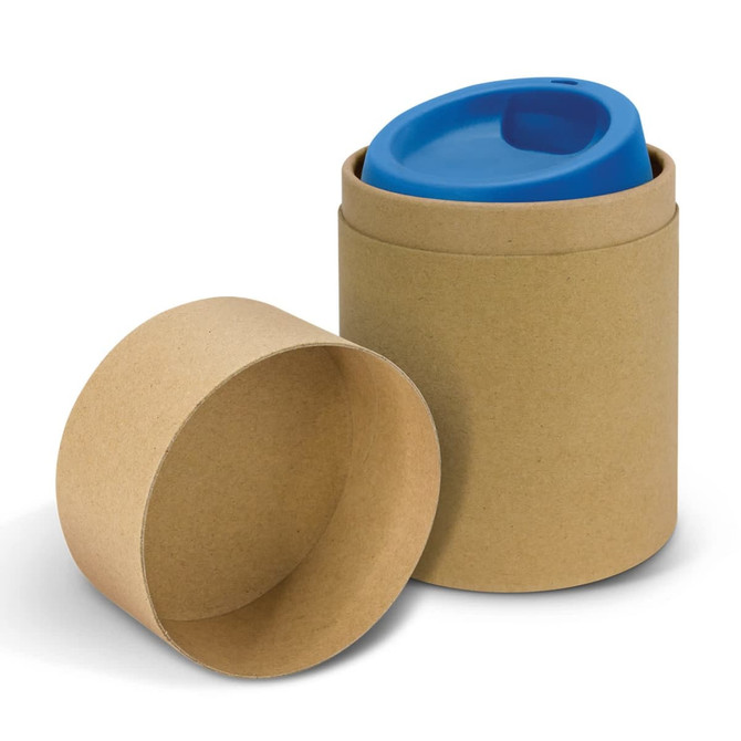 A drink bottle with a blue lid, packaged in a brown cardboard container. The container is partially open.