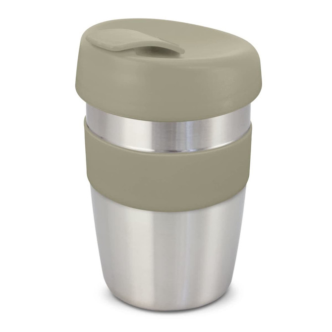 A drink bottle with a stainless steel body and a light green silicone band and lid. It features a sleek design and a logo.