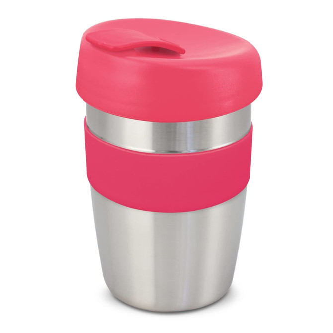 A drink bottle featuring a stainless steel body with a pink silicone band and matching lid. It has a logo.