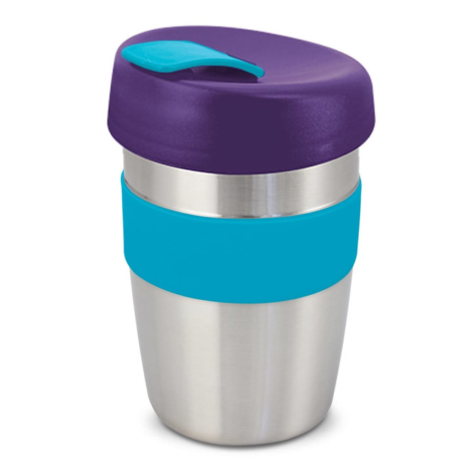 A drink bottle with a stainless steel body, purple lid, and turquoise silicone band. It features a logo.