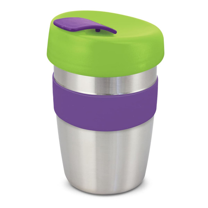 A drink bottle featuring a stainless steel body, a purple silicone band, and a green lid. It has a logo on it.