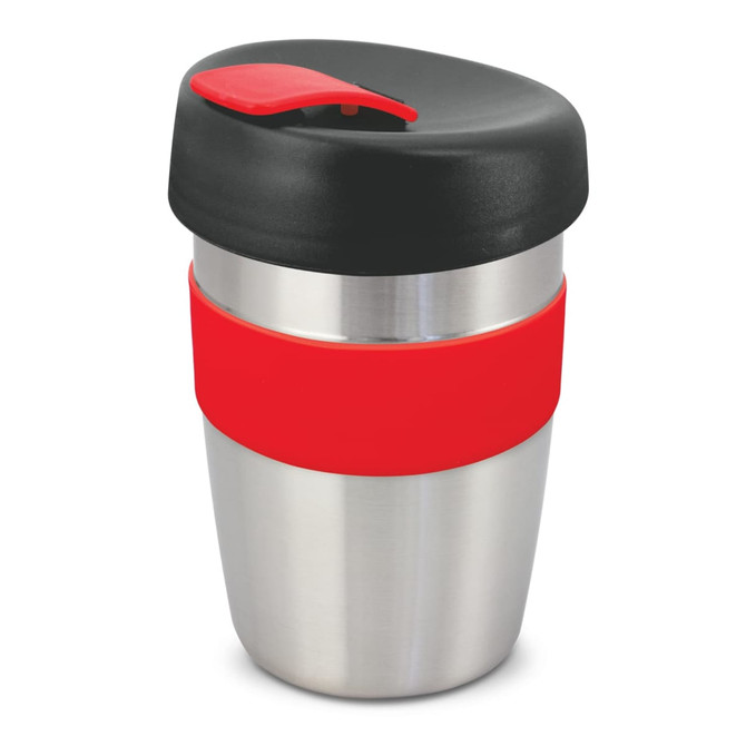 A drink bottle featuring a stainless steel body with a red silicone band and a black lid. It has a logo.