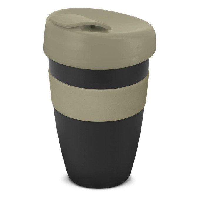 A drink bottle in dark and light green with a lid, featuring a sleek design and a logo.