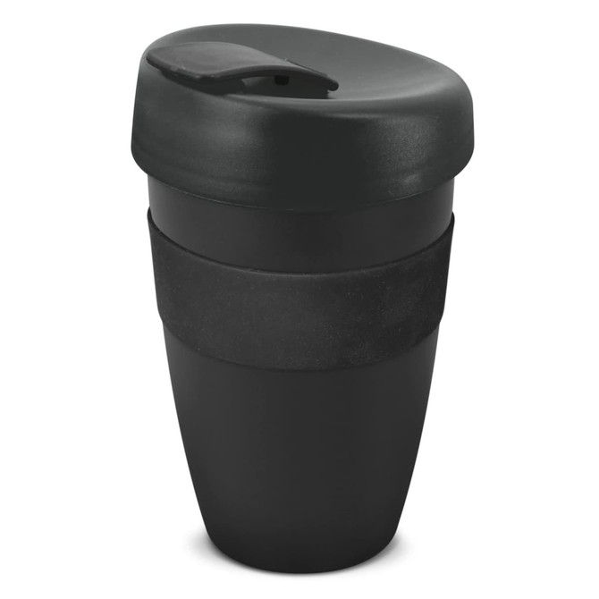 A drink bottle in black with a fitted lid and a textured grip. It features a logo on the side.