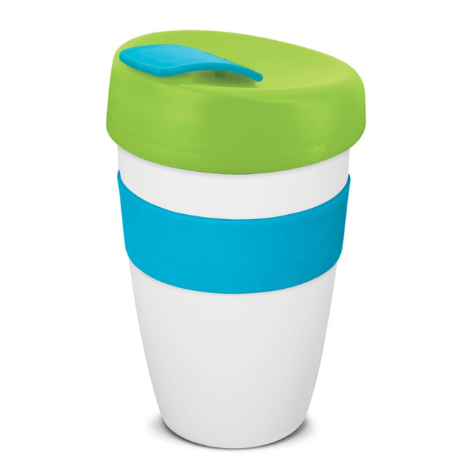 A drink bottle in white with a bright green lid and blue silicone band, featuring a logo.