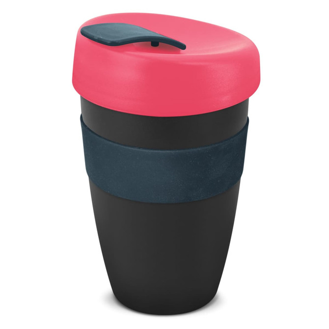 A drink bottle featuring a red lid, black body, and navy blue grip, designed with a logo. Capacity is 480ml.