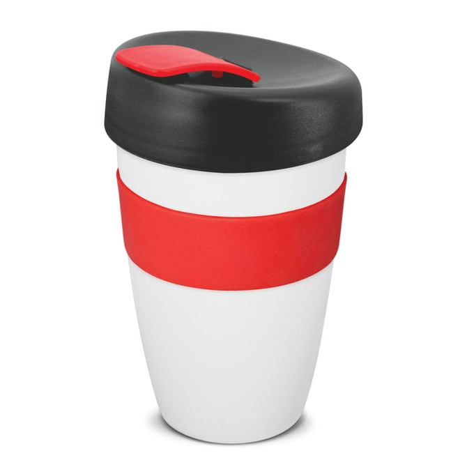 A drink bottle featuring a white body, red band, and a black lid. The design includes a logo.