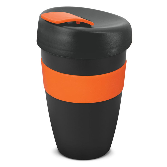 A drink bottle in black with an orange band and lid, featuring a logo on the side. Capacity of 480ml.