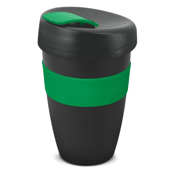 A drink bottle featuring a black body with a green silicone band and a green lid. It has a logo on the side.