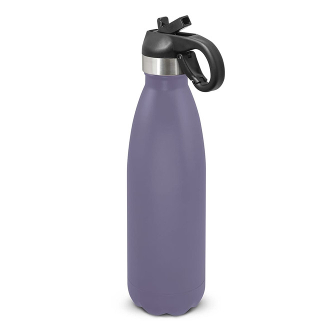 A drink bottle in a matte purple finish with a black flip lid and a metallic band at the top.