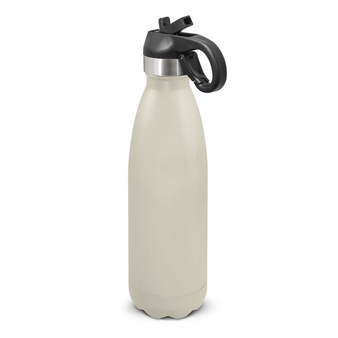 A drink bottle featuring a sleek cream exterior, stainless steel accents, and a black flip lid. It has a logo on the side.