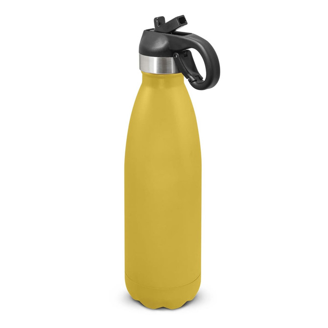 A drink bottle in vibrant yellow with a black flip lid and a sleek, powder-coated finish. Features a logo.