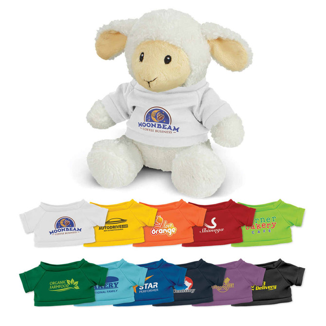 A fluffy white lamb plush toy wearing a white T-shirt. Various colourful T-shirts displayed below it.