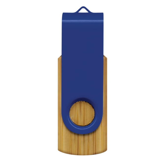 A bamboo flash drive with a blue metallic top and a circular hole for attachment.