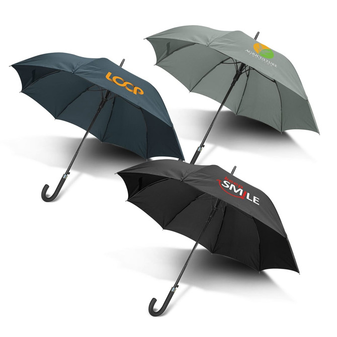 Three umbrellas in dark green, grey, and black, featuring various logos on their canopies.