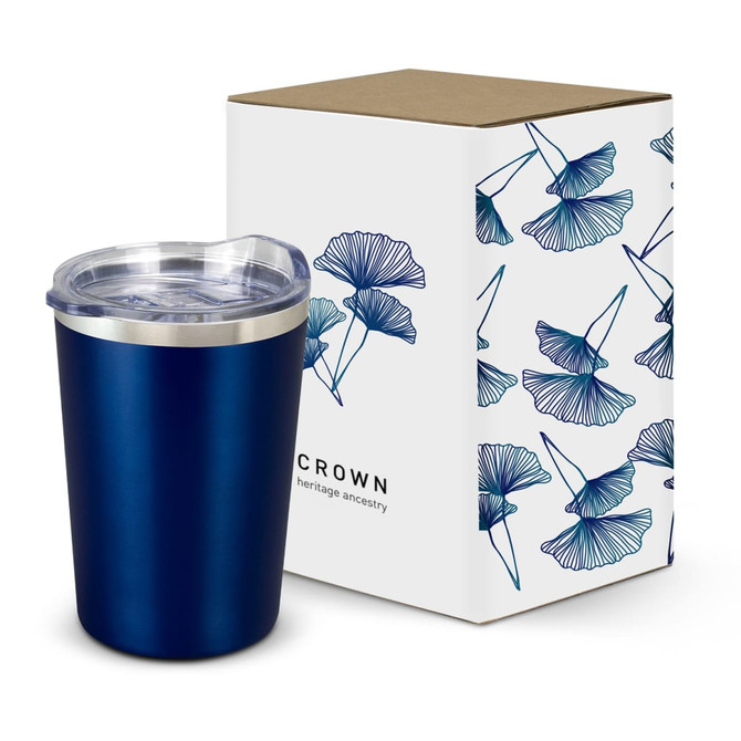 A drink bottle in navy blue with a transparent lid, alongside a floral-patterned box featuring a logo.
