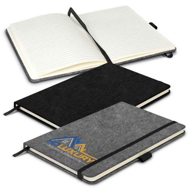 A grey and black RPET felt hard cover notebook with lined pages, featuring an elastic band and a logo.