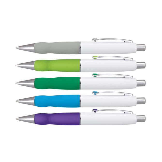 A collection of Turbo Pens featuring white barrels and coloured grips in grey, green, teal, blue, and purple.