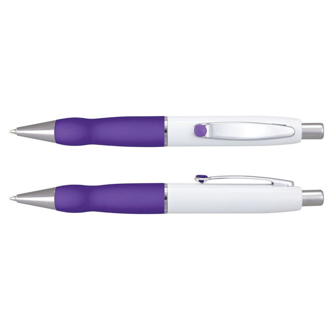 A metal pen with a white barrel and purple accents, featuring a clip and rubber grip. It has a logo on the barrel.
