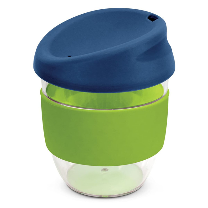 A drink bottle with a transparent body, green silicone band, and blue lid. It has a logo on it.