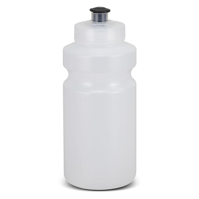 A drink bottle with a translucent white body and a black cap, featuring a simple design and a logo.