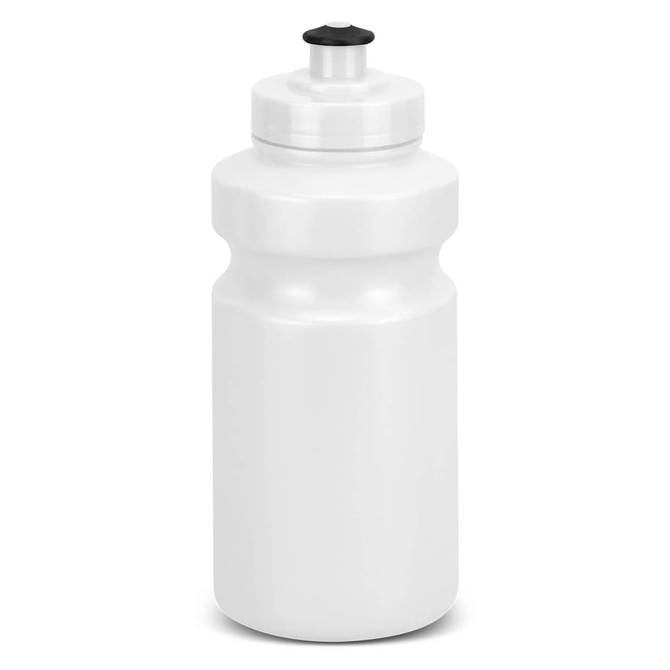 A drink bottle in white with a black screw cap and a simple, smooth design. It features a logo.