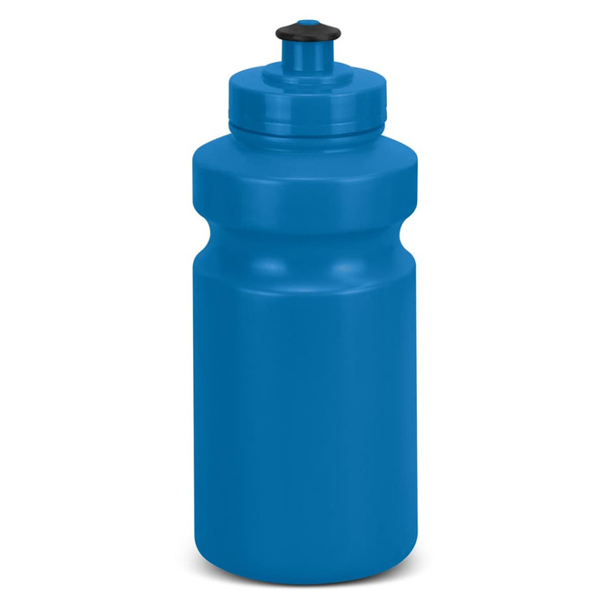 A drink bottle in bright blue, featuring a screw-on lid and a simple design. It includes a logo on the side.