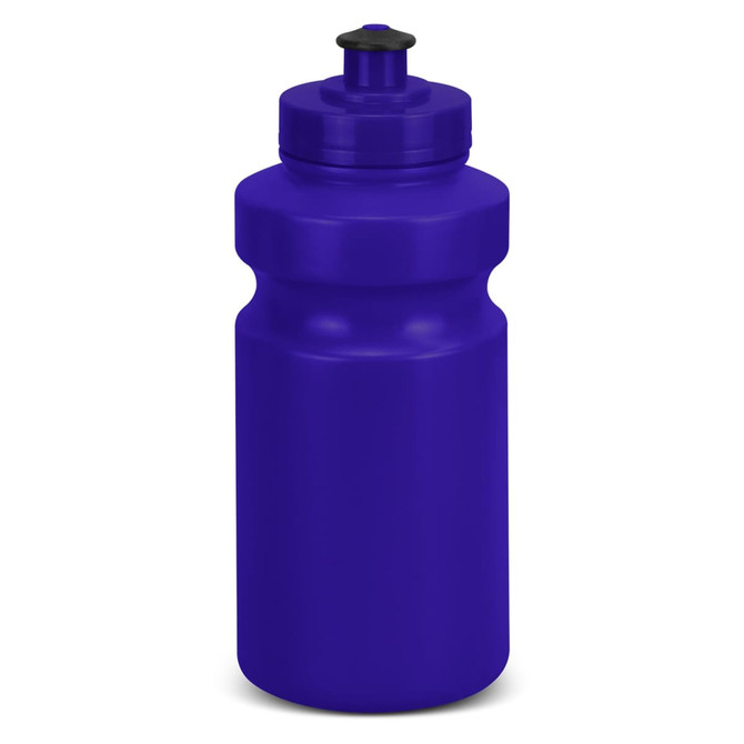A drink bottle in vibrant purple with a screw top and spout; features a logo on the side.