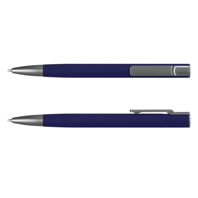 A navy blue metal pen with a sleek design, featuring a silver clip and tip. It includes a logo. A navy blue metal pen with a sleek design, featuring a silver clip and tip. It includes a logo.