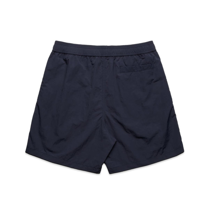 Navy swim shorts with an elastic waistband and a single back pocket. Features a logo on the waistband.