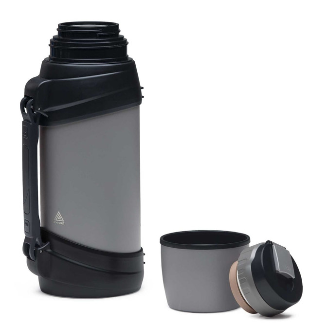 A drink bottle with a grey body and black accents, featuring a removable cup and a handle. It has a logo.