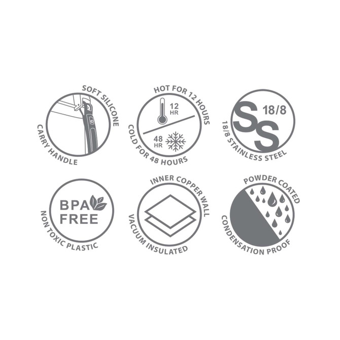 A drink bottle with a carry handle, made from 18/8 stainless steel, featuring various product symbols and icons.
