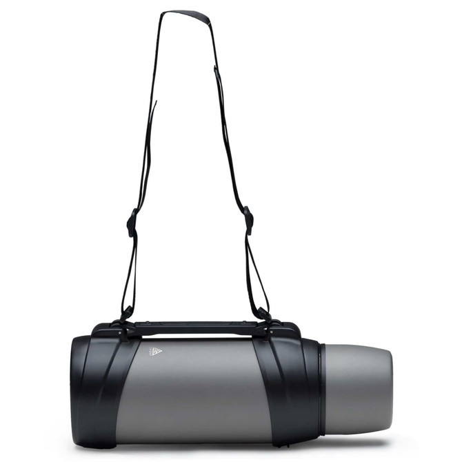 A drink bottle with a silver-grey body, featuring a black carrying strap and a lid. It has a logo on the surface.