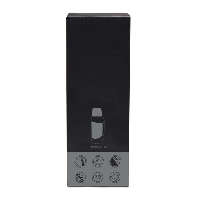 A drink bottle in a black box, featuring a sleek design and a logo. The flask is grey in colour.