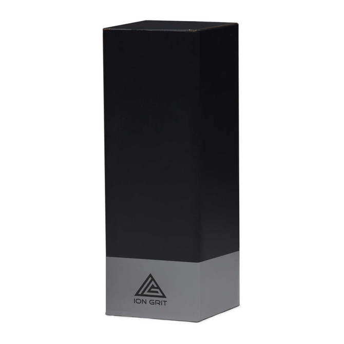 A drink bottle in a sleek black design with a grey base, featuring a logo on the front.