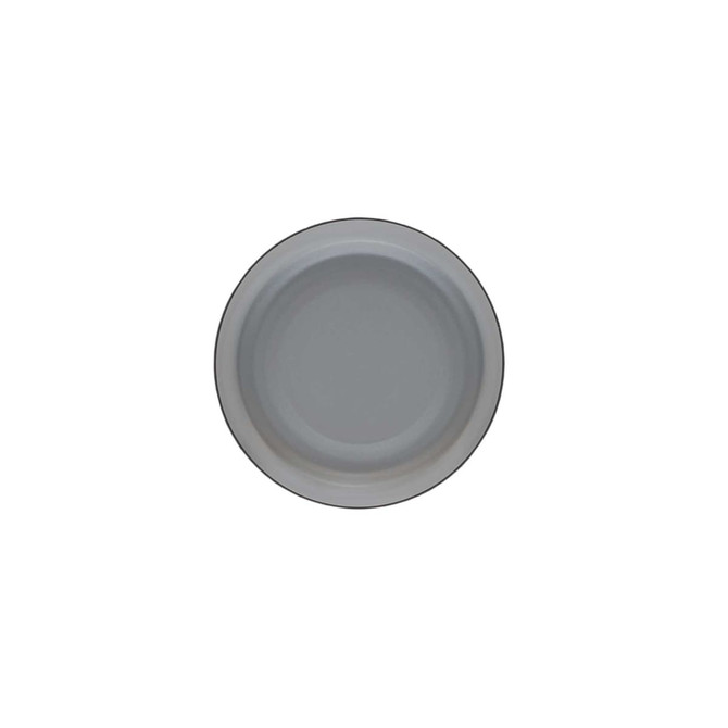 A round, light grey plate with a smooth surface and a subtle rim. The plate has a minimalist design.