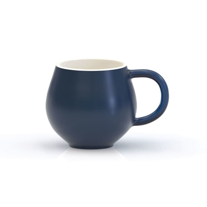 A blue ceramic mug with a rounded shape and a single handle, featuring a plain interior.