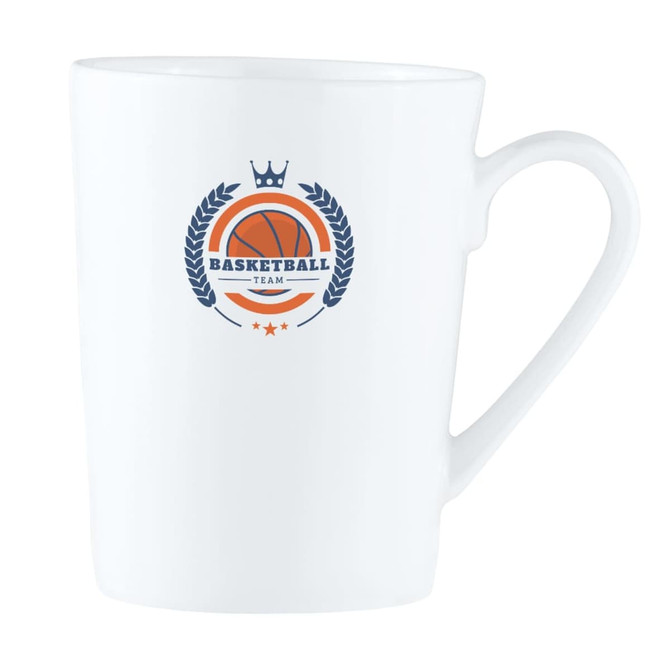 A tall, white bone china mug with a logo featuring a basketball design and decorative elements.
