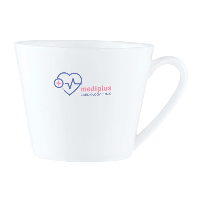 A white bone china mug with a unique short design and a logo printed on the side.