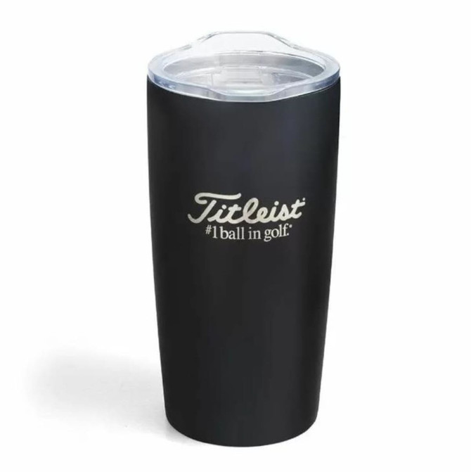 A drink bottle in sleek black with a clear lid and a logo. Ideal for keeping beverages hot or cold.