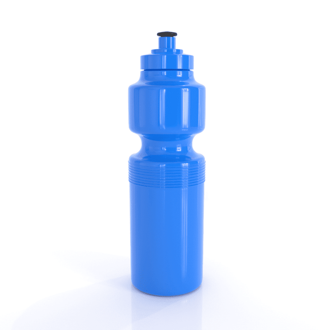 A drink bottle in a bright blue colour with a textured grip and a black spout. It has a logo on its design.