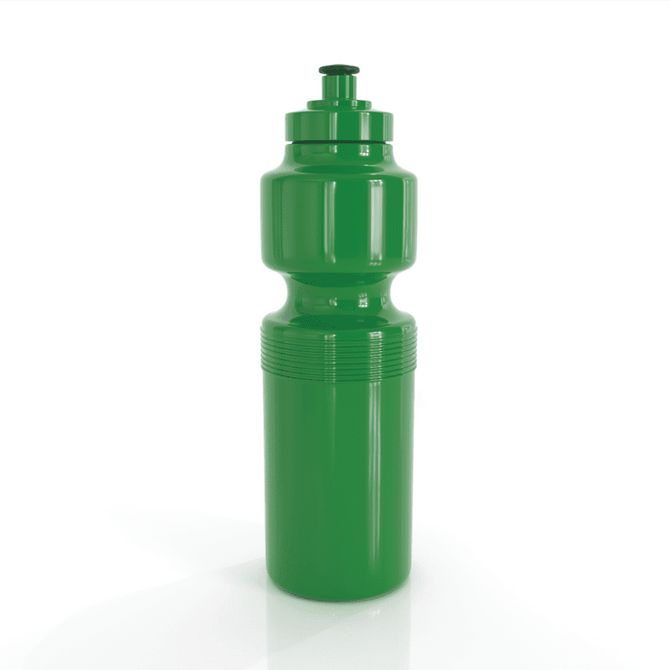 A drink bottle in bright green, featuring a contoured design and a screw top lid. It has a logo on the side.