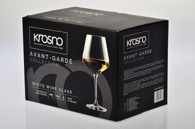 A boxed set of six Krosno Avant-Garde white wine glasses in clear glass, featuring a sleek design.