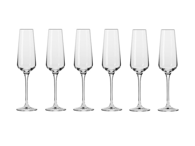 Six clear glass champagne flutes with elegant long stems, displayed in a row against a white background.