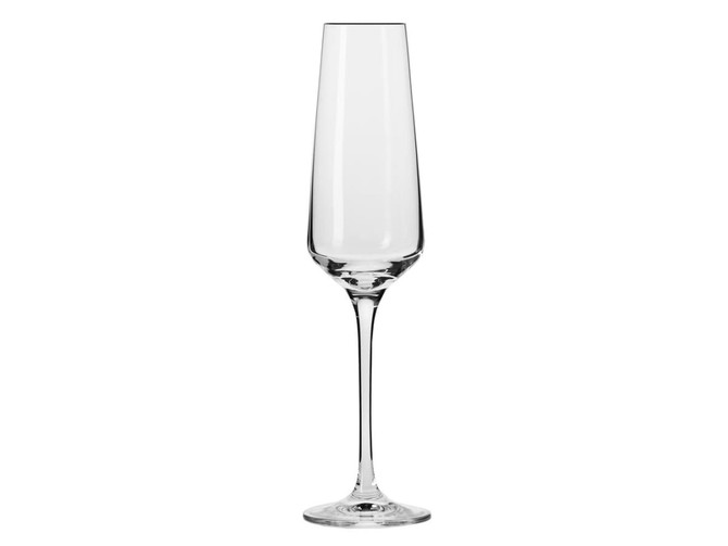 A clear glass champagne flute with a tall, slender design, presented upright against a plain background.