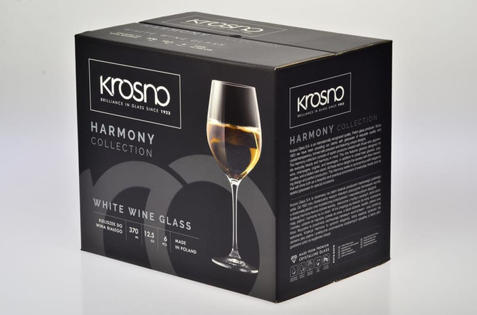A gift box containing six Krosno Harmony wine glasses, featuring a sleek design and clear glass with a sophisticated silhouette.